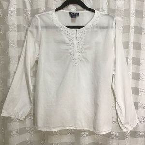 MLNY Women's White Embroidered & Sparkling Sequins Blouse, Size L